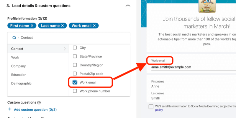skärmdump av fältet Arbets e-post valt för leadgen-formulär i LinkedIn-annonsinställningar