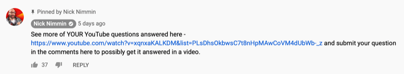 fäst YouTube-videokommentar av Nick Nimmin som delar en annan YouTube-video som hans publik kan vara intresserad av