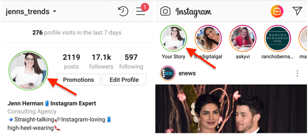 Grön cirkelindikator för din Instagram-profilbild när du har delat en berättelse till din stänga vänlista.