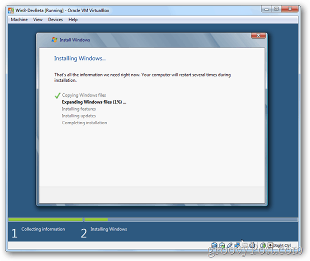 VirtualBox Windows 8 installerar Windows-skärmen