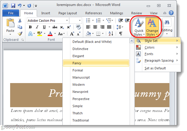 ändra stiluppsättningen för ett ord 2010-dokument