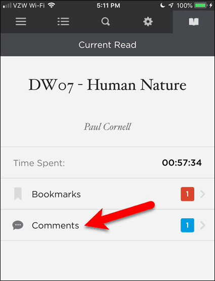 Tryck på Kommentarer i BookFusion för iOS