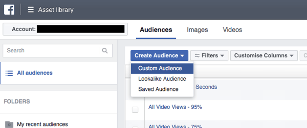 Klicka på Skapa målgrupp i Facebook Ads Manager och välj Anpassad målgrupp i listrutan.