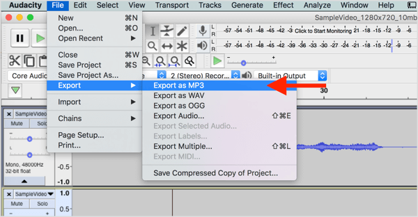Välj Arkiv> Exportera> Exportera som MP3 för att ladda ner ljudfilen från Audacity.