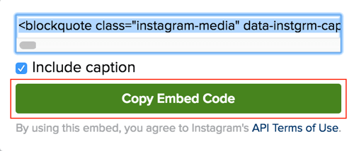 Klicka på den gröna knappen för att kopiera Instagram-inbäddningskoden.