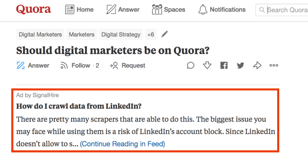 Exempel på marknadsföring på Quora med en betald annons.