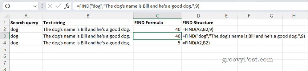 Exempel HITTA formel i Excel
