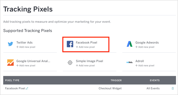 Klicka på Facebook Pixel i Eventbrite och ange ditt pixel-ID och andra detaljer.
