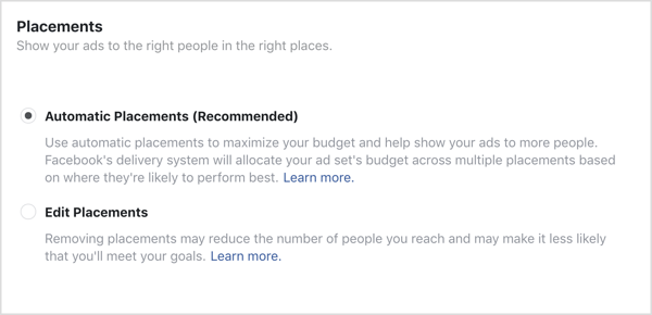 Alternativ för automatiska placeringar har valts för Facebook-kampanj