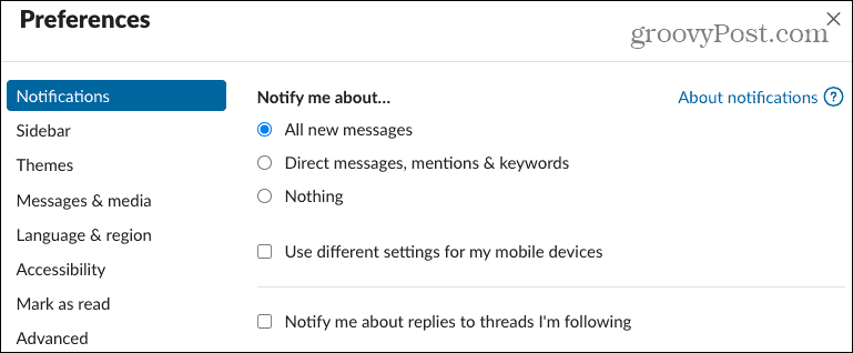 Inställningar för meddelanden i Slack Desktop