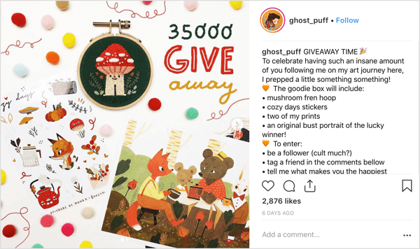 Artisten ghost_puff använder en vänlig, relatabel postningsstil som bjuder in communitychatter på Instagram.