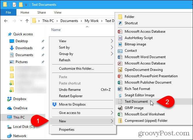 Gå till Nytt> Textdokument i Windows File Explorer