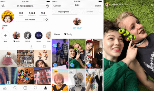 Med Instagram Stories Highlights kan användare välja och gruppera tidigare berättelser i namngivna samlingar.