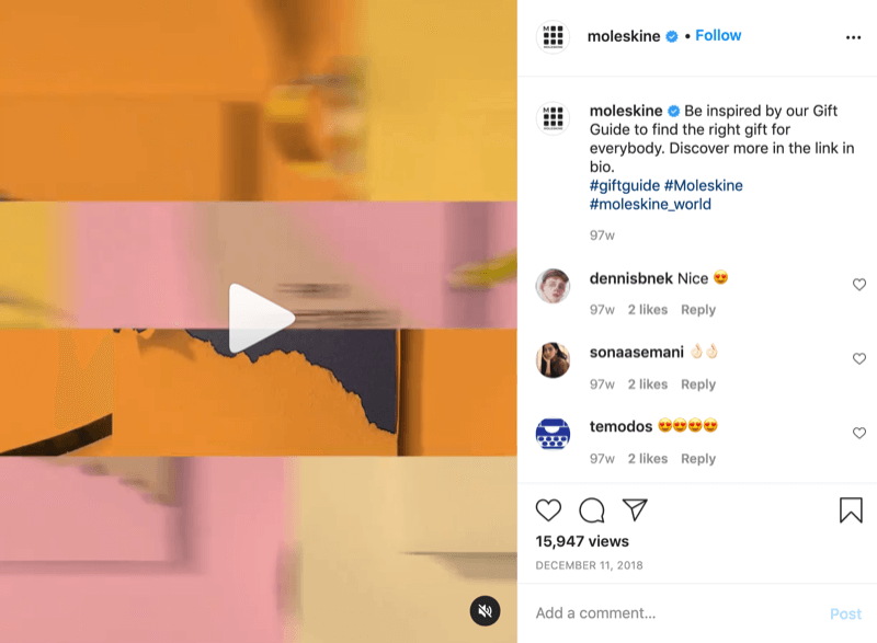 exempel på ett instagram-presentidévideopost från @moleskine med en uppmaning till handling som leder tittarna till länken i bio för mer