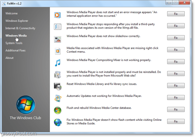 FixWin Windows Meda fixar skärmdump