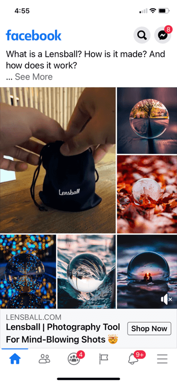 exempel på facebook-annonskollage för lensball, som visar produkten i en liten svart dragpåse tillsammans med 5 exempel på bilder av produkten som används i bilder