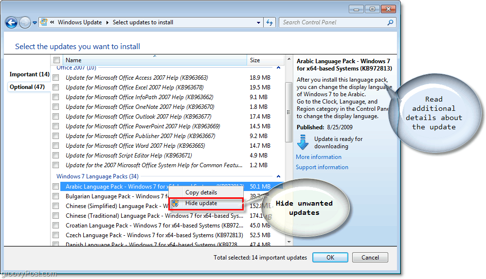 Windows 7 - Windows Update Tillgängliga uppdateringar Kryssrutor Skärmdump