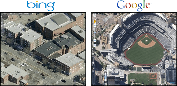 Google Maps Overhead 45 gradersvy Vs. Bing Birds Eye