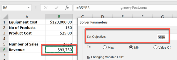 Cellen Ställ in objektiv i Solver för Excel