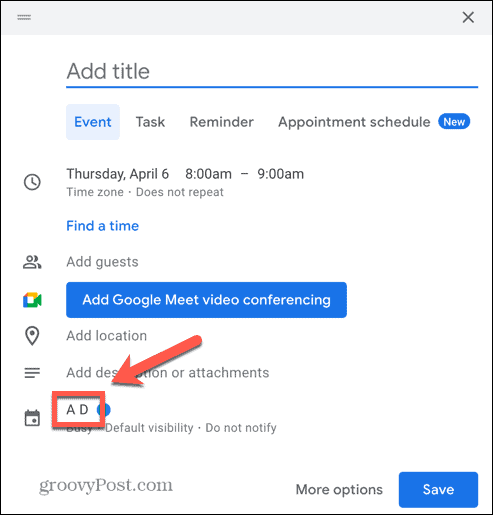 Skärmdump för Google Kalender-händelsekalenderalternativ