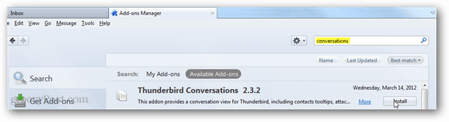 thunderbird konversationer - installera tillägg via söksidan