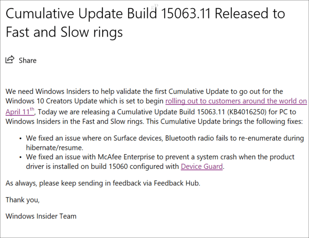 Den första kumulativa uppdateringen för Windows 10 Creators Update släpptes