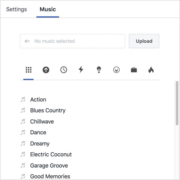 Klicka på fliken Musik och antingen ladda upp ditt eget ljud eller välj ett spår från Facebooks bibliotek.