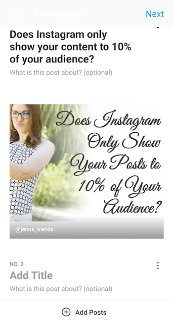exempel skapa ny instagramguide med inlägg valt och titeln på 'visar instagram bara din innehåll till 10% av din publik ', samt alternativen för att lägga till beskrivning av guiden och ytterligare inlägg