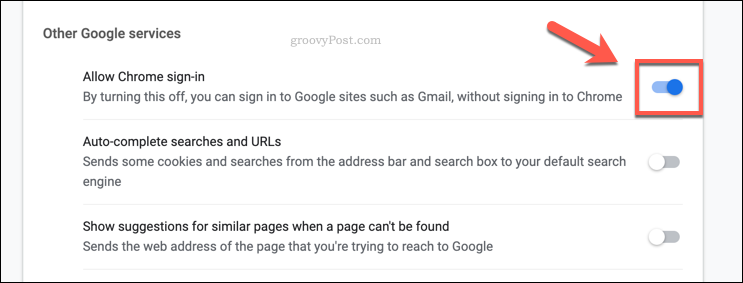 Chrome Tillåt Googles inloggningsreglage