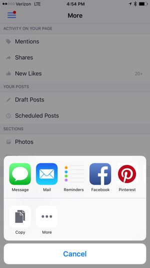 spara eller dela facebook-meddelandelänk från facebook-sidor-appen