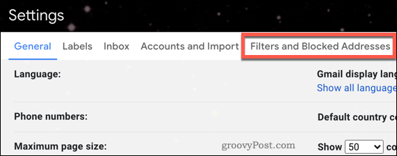 Gmail-filtermenyn