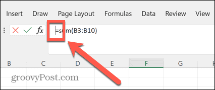 Excel-formelfältsmarkören till vänster om lika