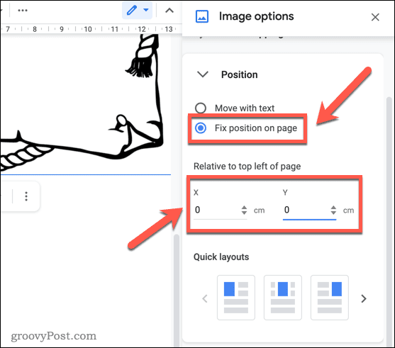 Fixa positionen för en bild i Google Dokument