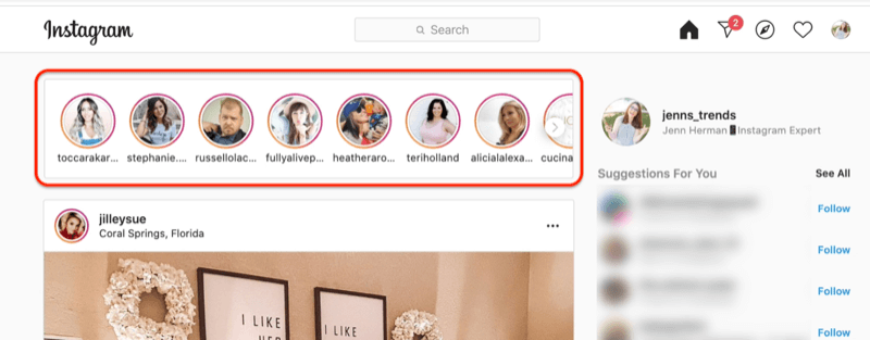 skärmdump av ett instagram-flöde med berättelser om profilcirklar markerade