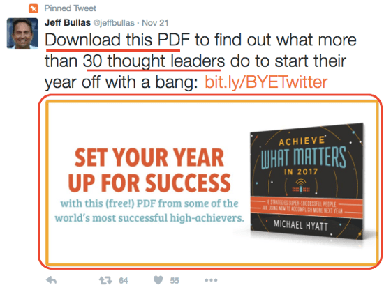 Jeff Bullas använder en engagerande Twitter-bild för att uppmuntra nedladdningar av sin e-bok.