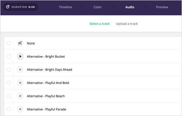 Välj ett ljudspår som du vill lägga till i din Biteable-video.