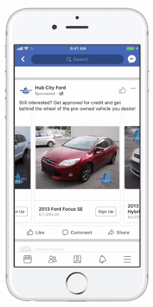 Facebook introducerade dynamiska annonser som gör det möjligt för bilföretag att använda sin fordonskatalog för att öka relevansen av sina annonser.