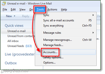 windows live mail tools konton