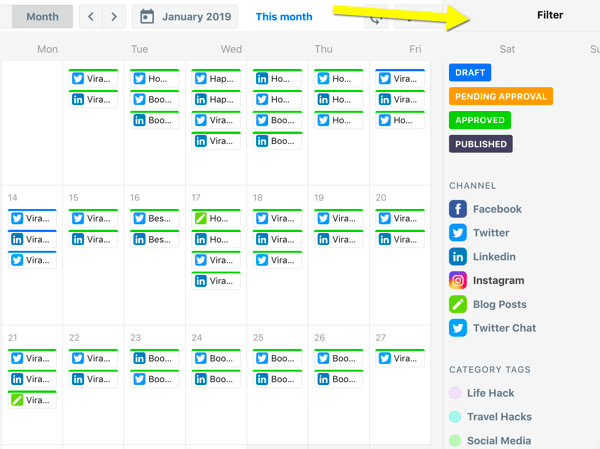 Hur man organiserar sociala medier marknadsföringsuppgifter, ContentCal kalenderöversikt med filter