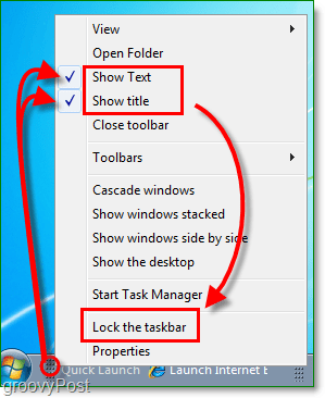 inaktivera snabblanserad text och titel i windows 7, lås aktivitetsfältet