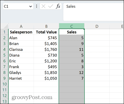 excel vald kolumn