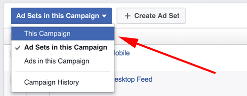 Facebook Ads Manager välj kampanj