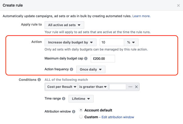 Använd Facebook-automatiska regler, öka budgeten när ROAS är större än 2, steg 2, åtgärdsinställningar