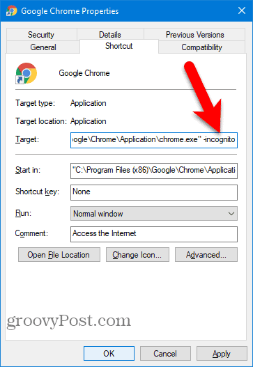 Lägg till -incognito till Chrome Desktop genväg