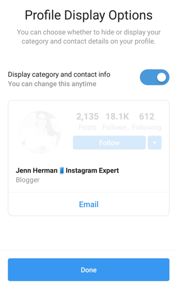 Instagram Creator Profile Kategori val och visning.