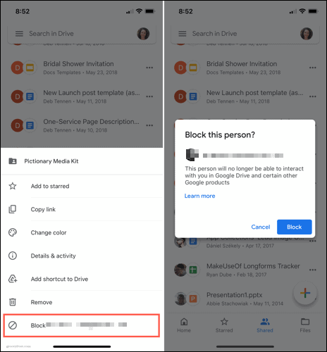 Blockera en användare i Google Drive på mobilen