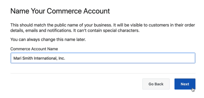 dialogrutans alternativ för att namnge ditt Facebook-handelskonto