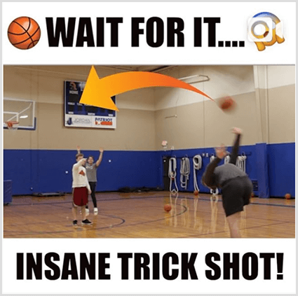 En miniatyrbild för Instagram-videopost har vita staplar och svart text ovanför och under en bild av en vit man som gör ett trickskott med en basketboll i ett gym. Topptexten har en basketemoji och texten Vänta på den. I den nedre texten står Insane Trick Shot!