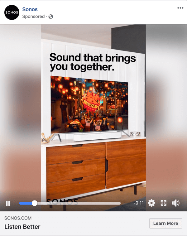 Exempel på en Facebook-videoannons av Sonos.