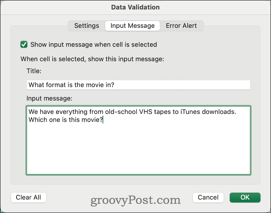 ange anpassat inmatningsmeddelande i datavalidering